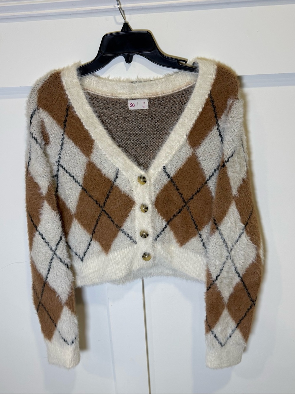 SO Fuzzy Brown White Argyle Cropped V-Neck Y2K Button Cardigan Sweater Size M